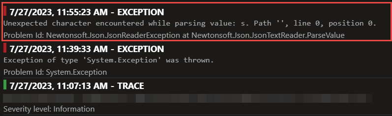 Using the exception as the first parameter will log any errors as exceptions