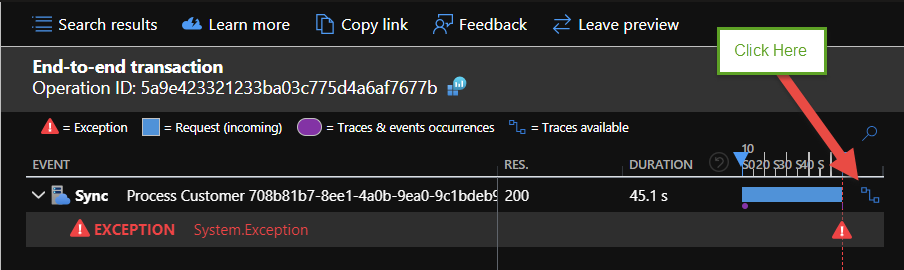 When clicking exceptions, the trace stack is not shown